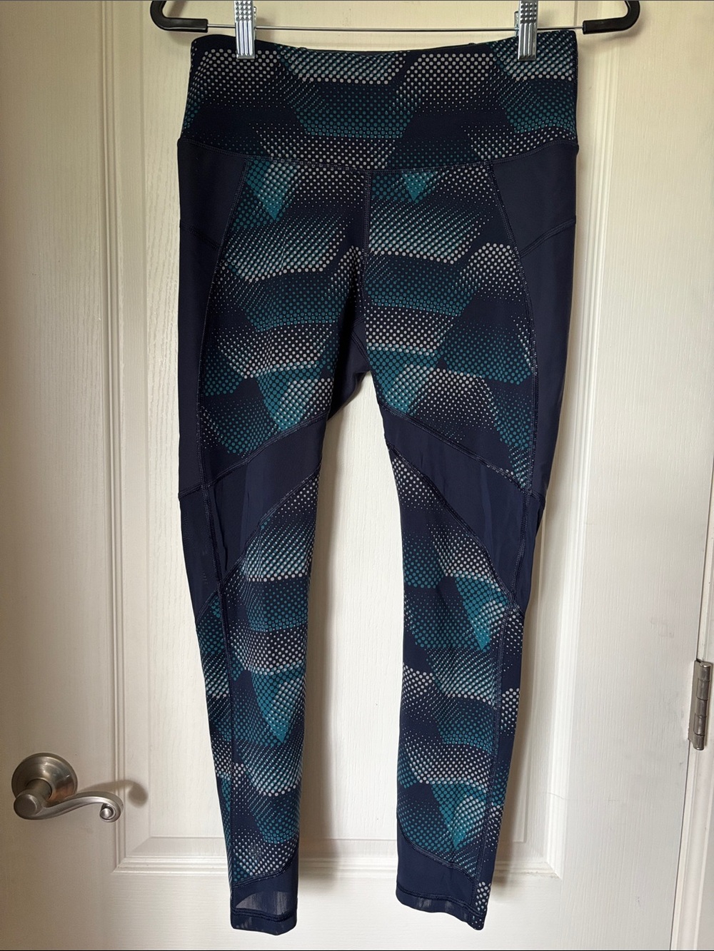 Athleta Black Leggings with Teal and White Dot Detail